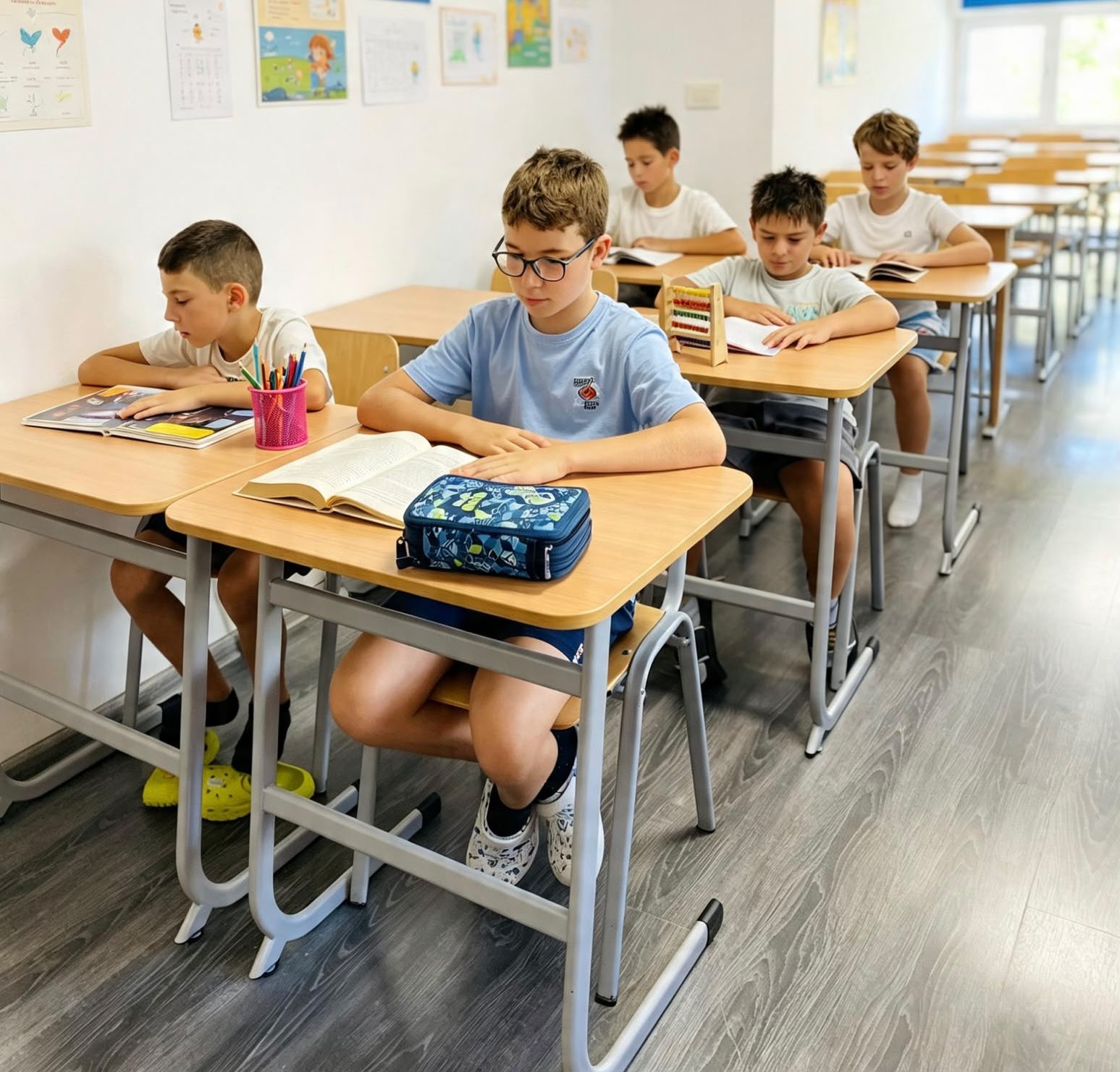Copii lucrând la teme în sala de studiu de la After School Georgi