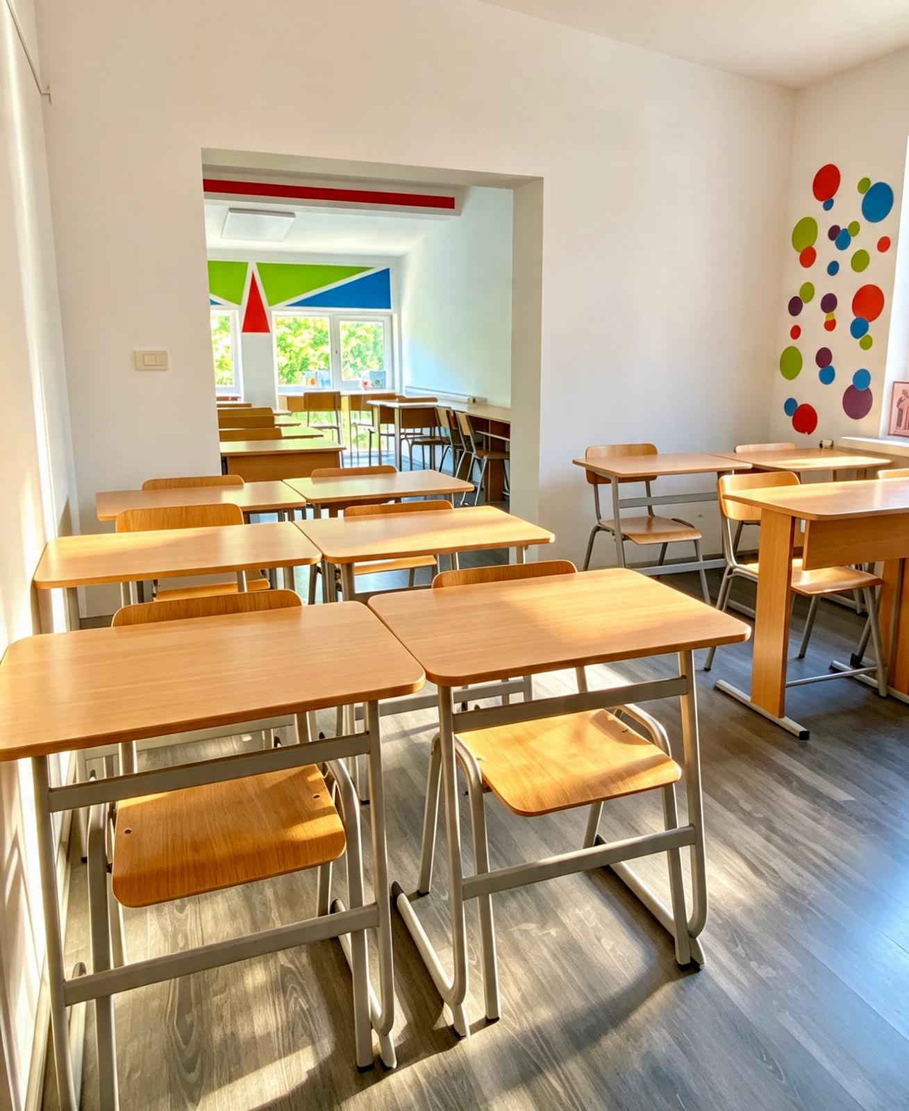Sală de studiu luminoasă cu bănci pentru copii la After School Georgi
