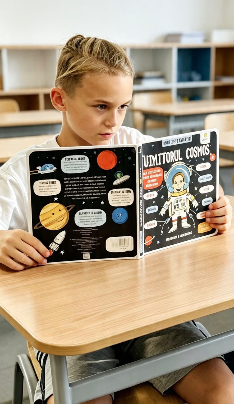 Copil citind o carte despre cosmos în sala de lectură