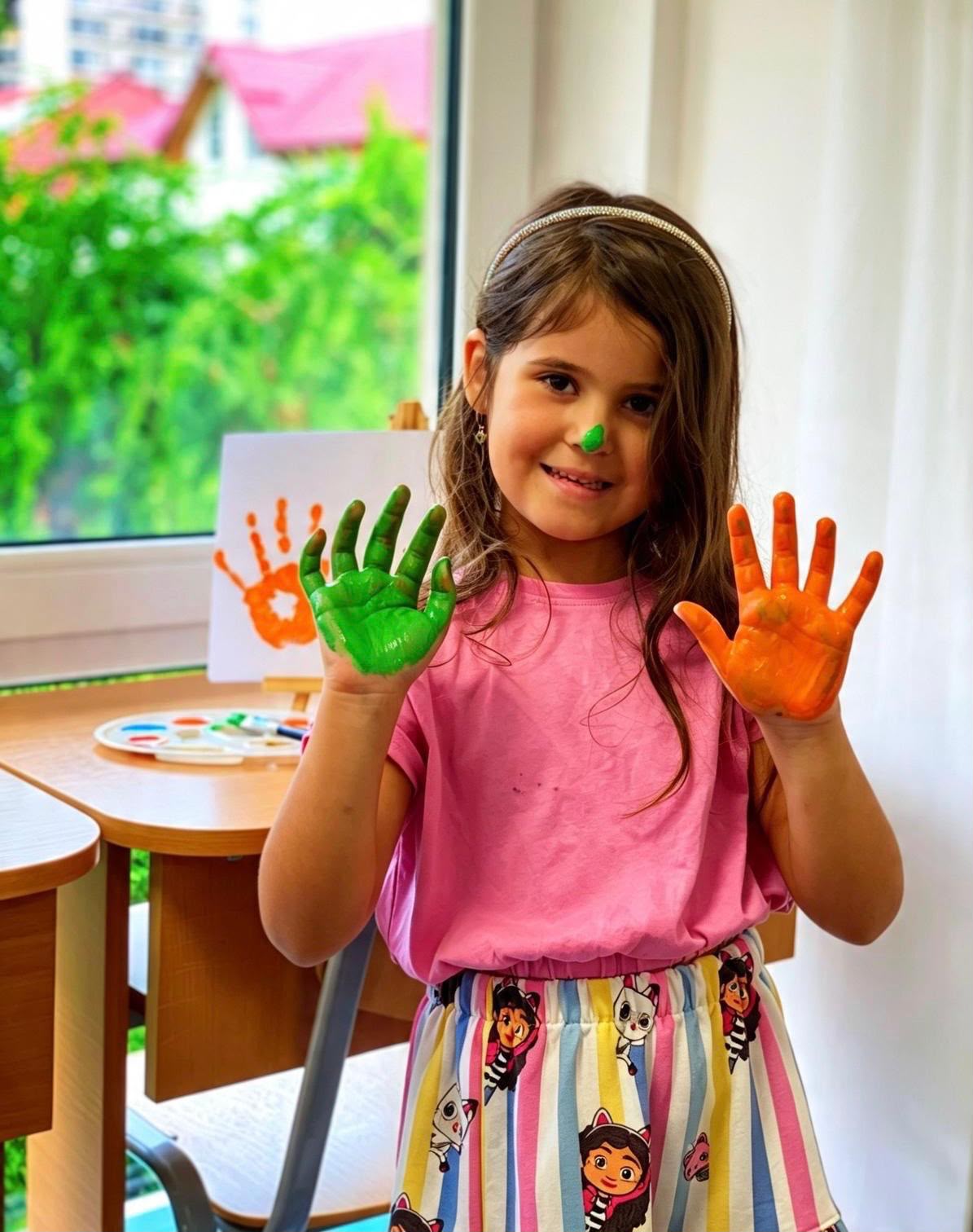 Fetiță zâmbind cu palmele pictate în verde și portocaliu la atelierul de creație