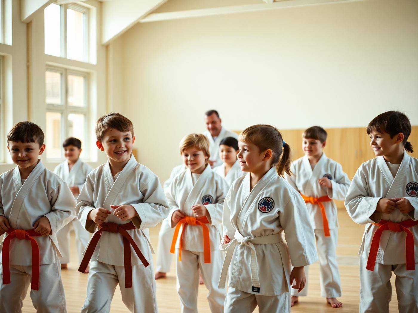 Copii de școală primară la o oră de arte marțiale, supravegheați de instructor