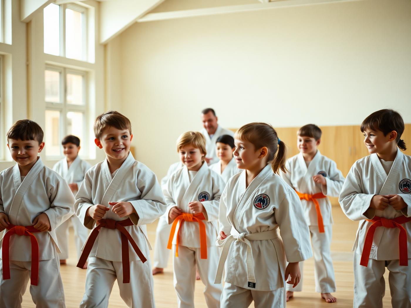 Copii de școală primară la o oră de arte marțiale, supravegheați de instructor