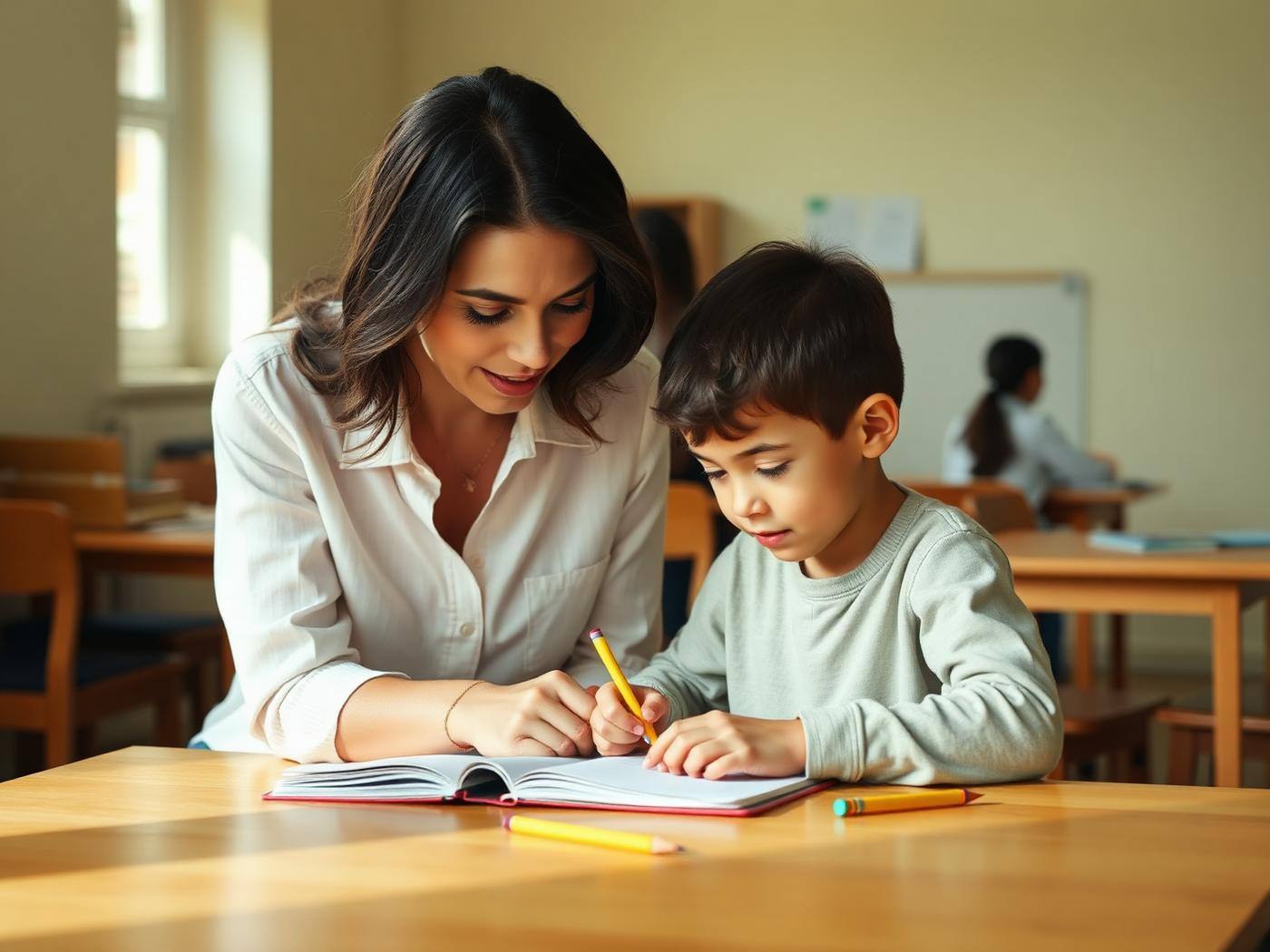 Imagine orientativă: educator ajutând un copil la teme