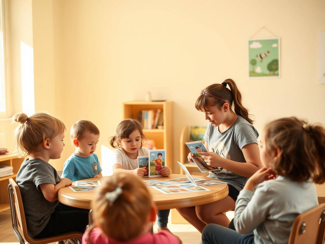 Copii participând la o activitate interactivă de limba engleză cu jetoane ilustrate