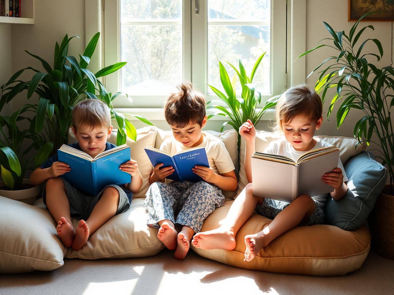 Copii citind cărți într-un colț confortabil, luminat natural