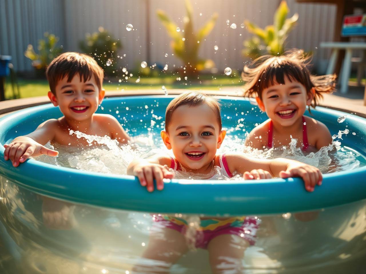 Copii jucându-se în apă într-o piscină mică de exterior, supravegheați