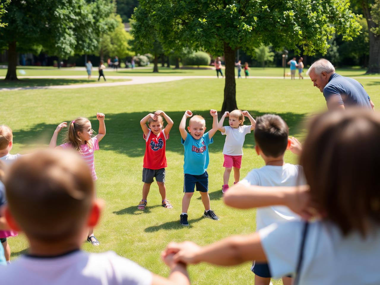 Copii făcând sport și gimnastică pe iarbă, în parc